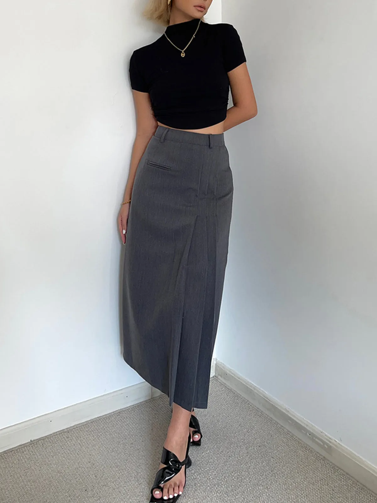 Asymmetrical Pleated Midi Skirt Set sold by COMMENSE product image thumbnail 3