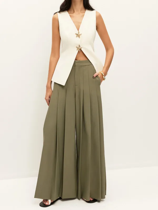 Mid-Waist Pleated Zipper Wide-Leg Pants With Pockets sold by COMMENSE