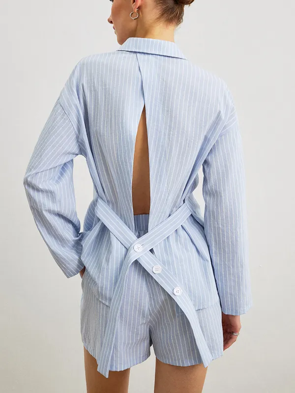 Cotton Striped Back Tie Shirt Shorts Set sold by COMMENSE