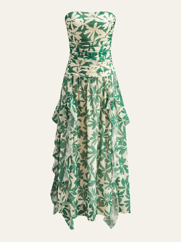 Floral Print Strapless Dress With Ruffled Detail sold by COMMENSE