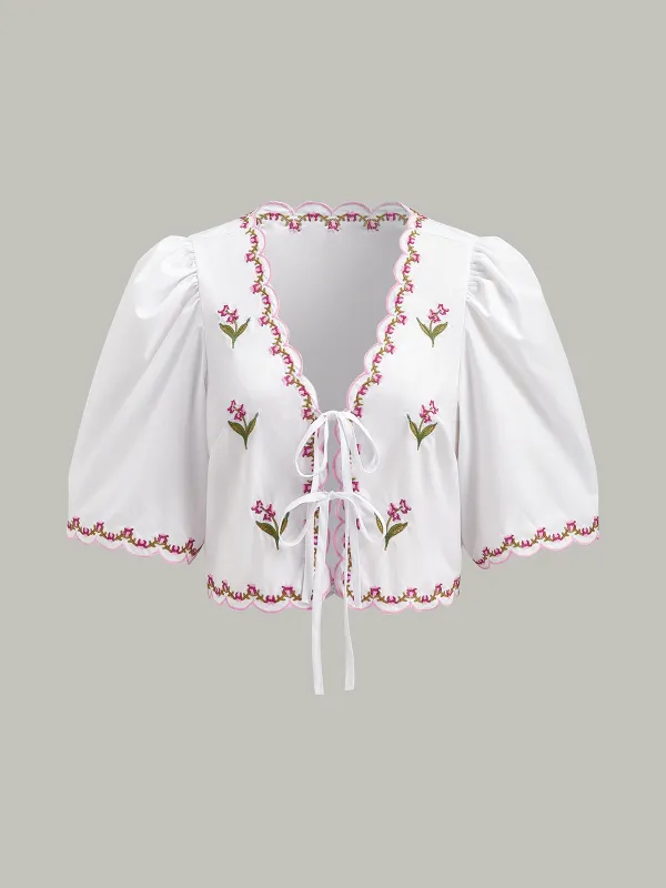 Embroidered Scallop Trim Puff Sleeve Bow Blouse sold by COMMENSE