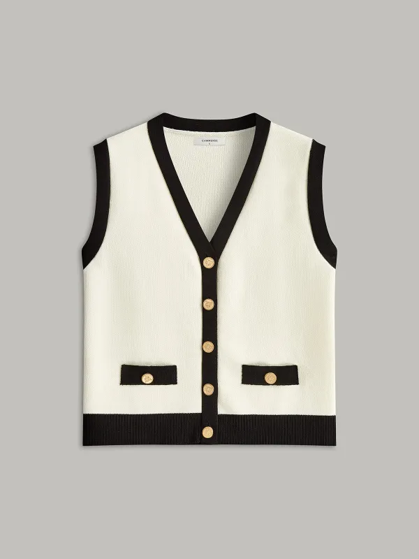 Contrast Trim Metal Button Decor Pocket Sweater Vest sold by COMMENSE