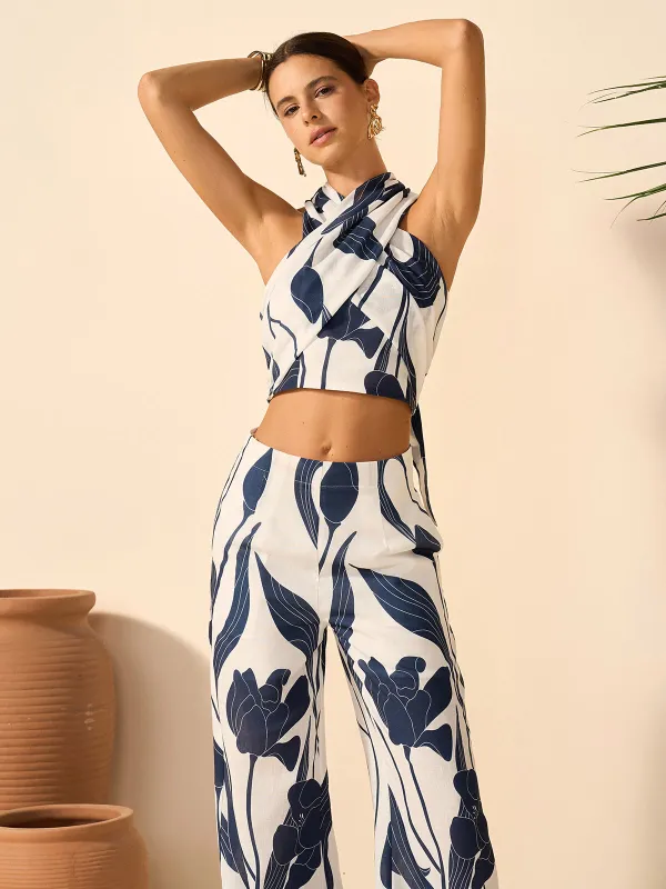 Floral Print Halter Top With Pants Set sold by COMMENSE