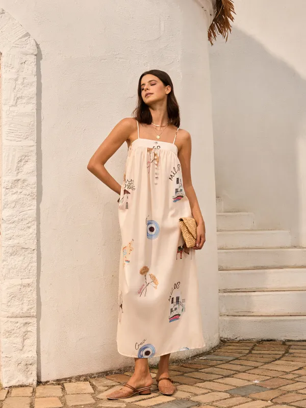 Graphic Print Tie-Front Cami Dress sold by COMMENSE