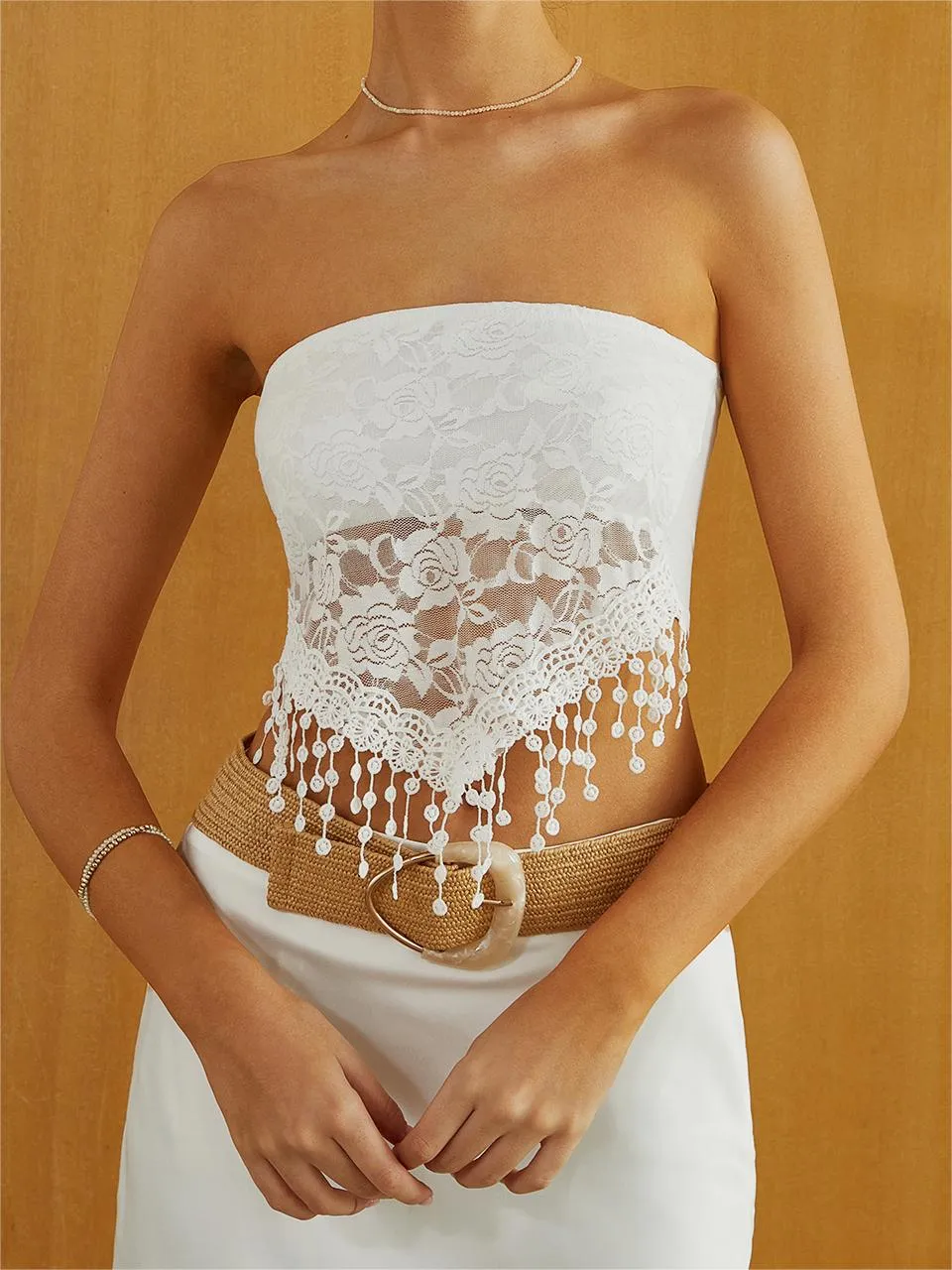 Lace Insert Tassel Hem Tube Top sold by COMMENSE