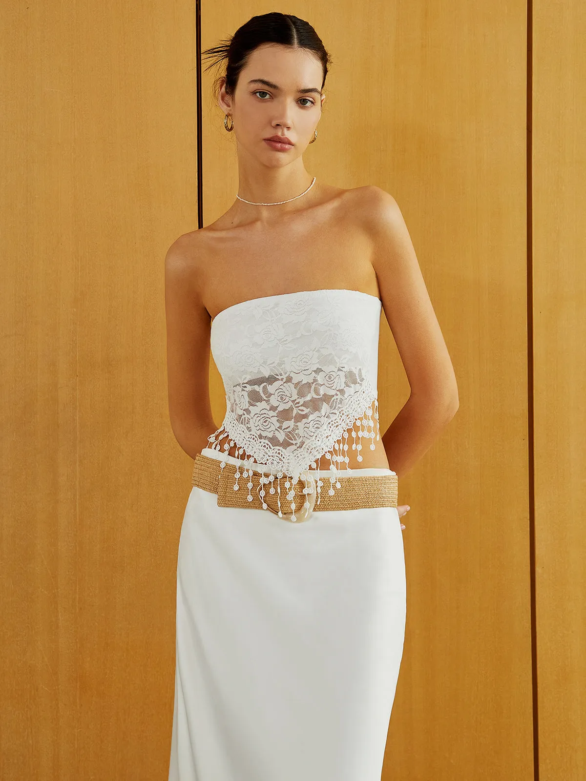 Lace Insert Tassel Hem Tube Top sold by COMMENSE product image thumbnail 3