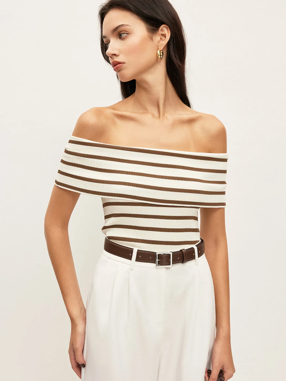 Striped Off-Shoulder Ribbed Top sold by COMMENSE