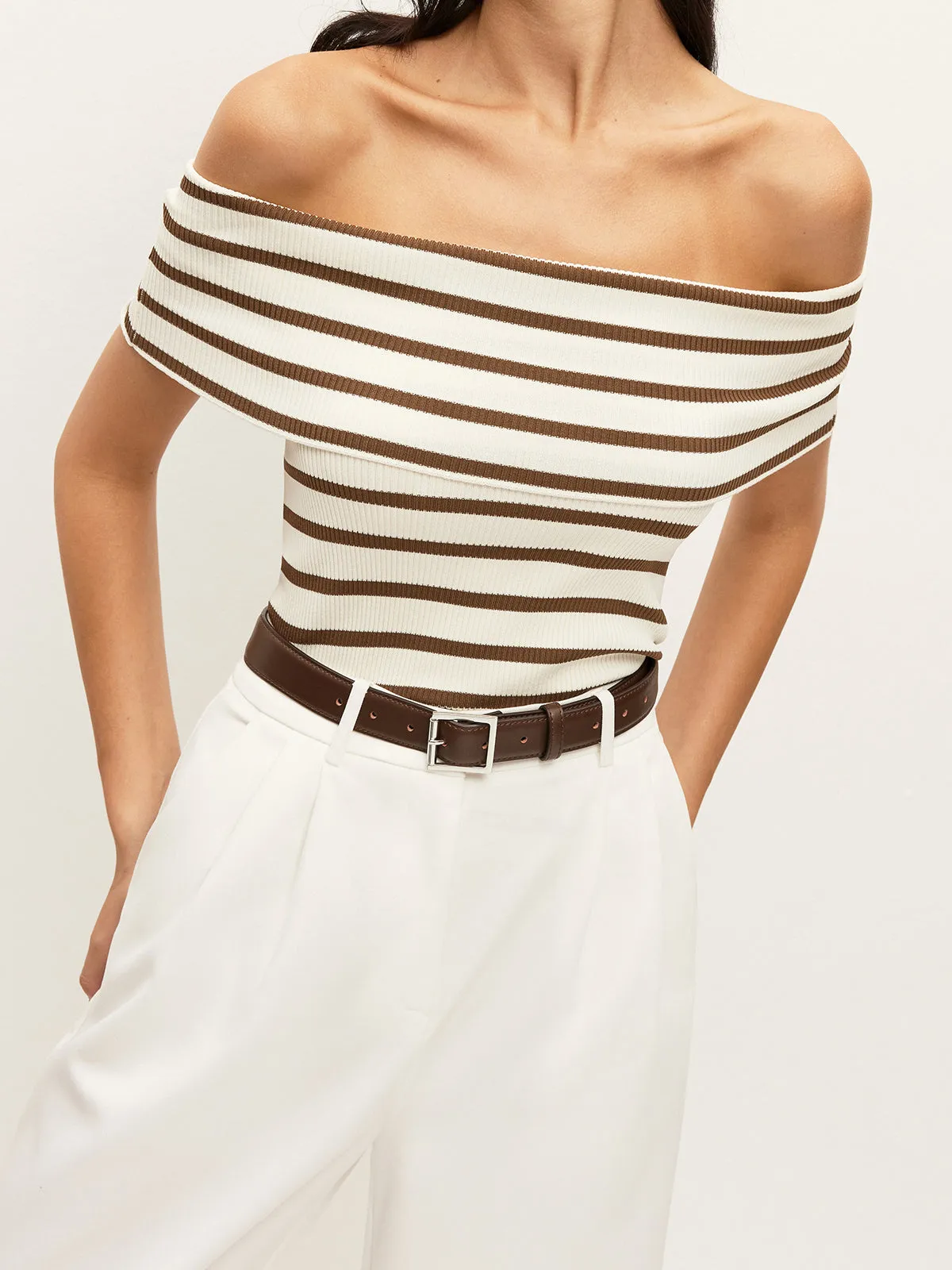 Striped Off-Shoulder Ribbed Top sold by COMMENSE product image thumbnail 5