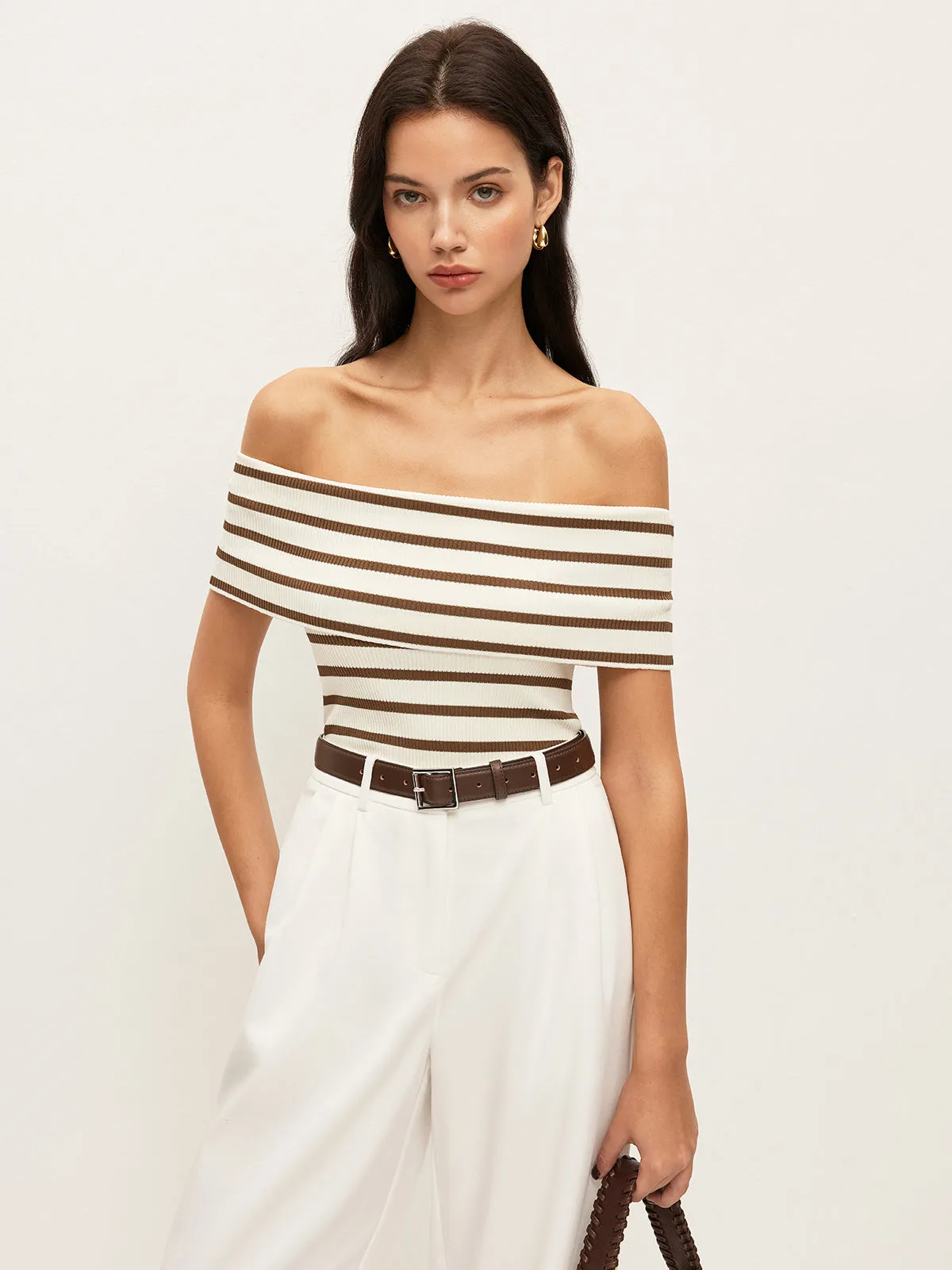 Striped Off-Shoulder Ribbed Top sold by COMMENSE product image thumbnail 4
