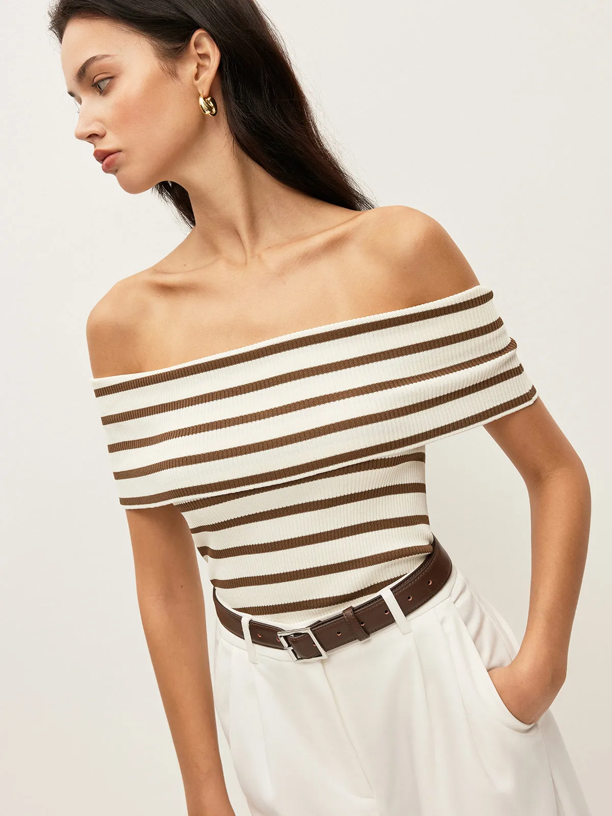 Striped Off-Shoulder Ribbed Top sold by COMMENSE product image thumbnail 3