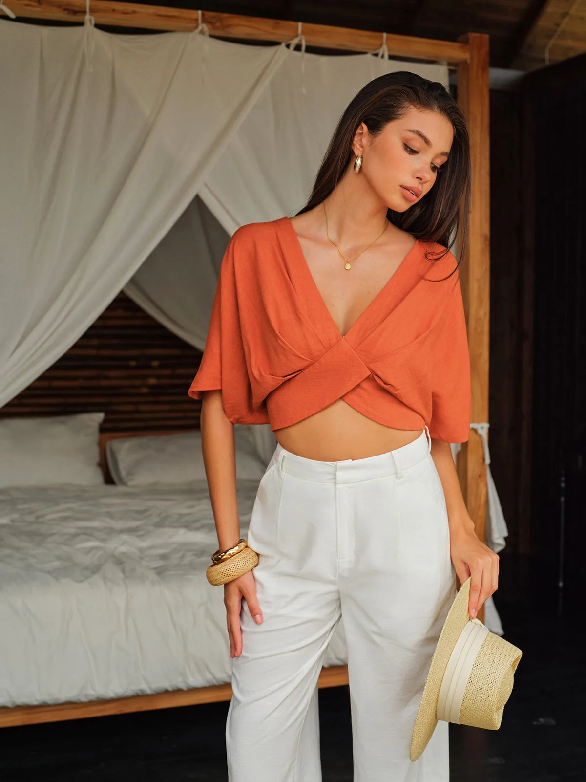 Cotton & Linen Criss-Cross Front Blouse sold by COMMENSE product image thumbnail 3