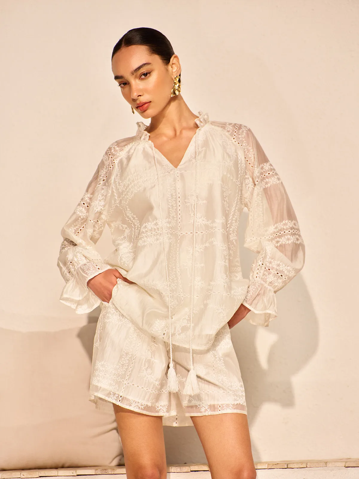 Embroidery Detail Long Sleeve Shorts Set sold by COMMENSE