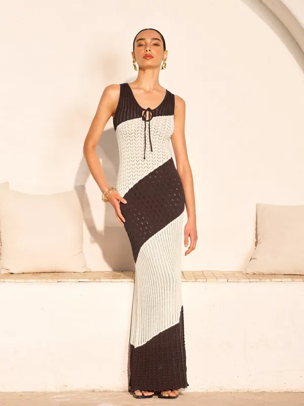 Two-Tone Crochet Front Tie Knit Dress sold by COMMENSE