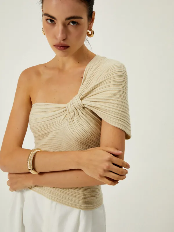 Asymmetrical One Shoulder Knotted Knit Top sold by COMMENSE