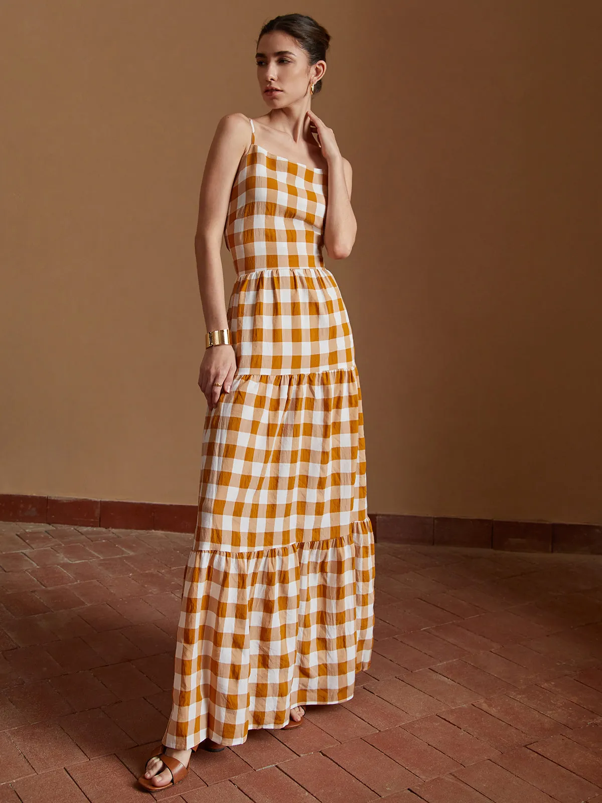 Plaid Crisscross Long Cami Dress sold by COMMENSE product image thumbnail 4