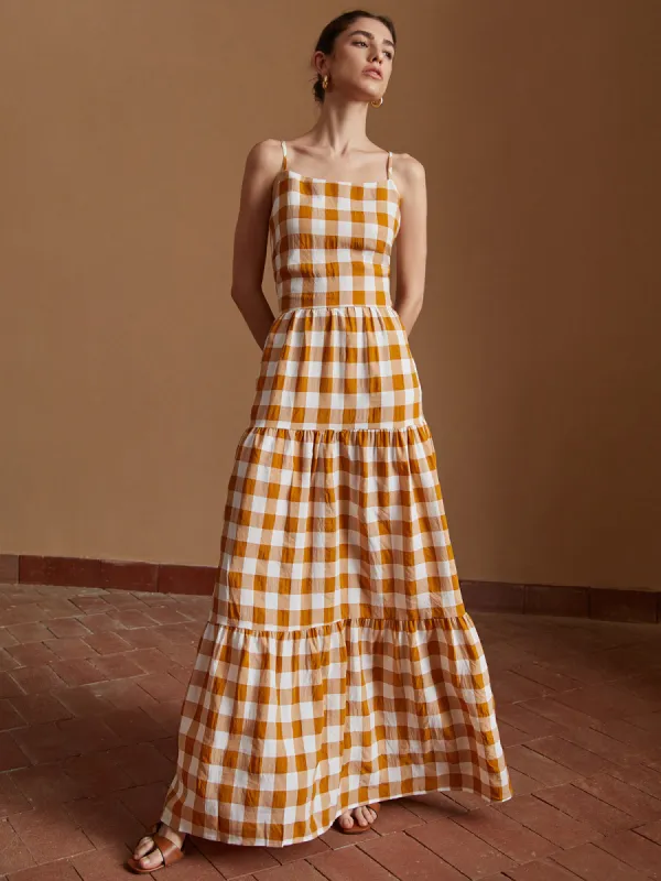 Plaid Crisscross Long Cami Dress sold by COMMENSE