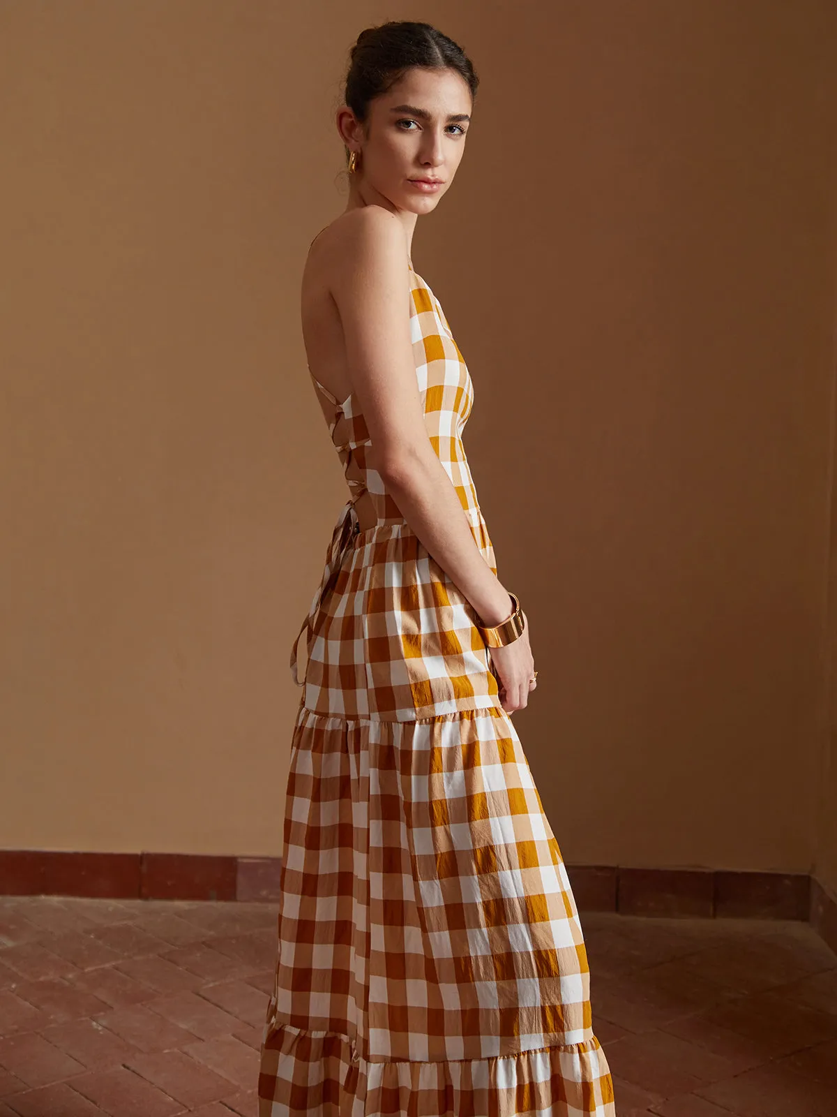 Plaid Crisscross Long Cami Dress sold by COMMENSE product image thumbnail 5