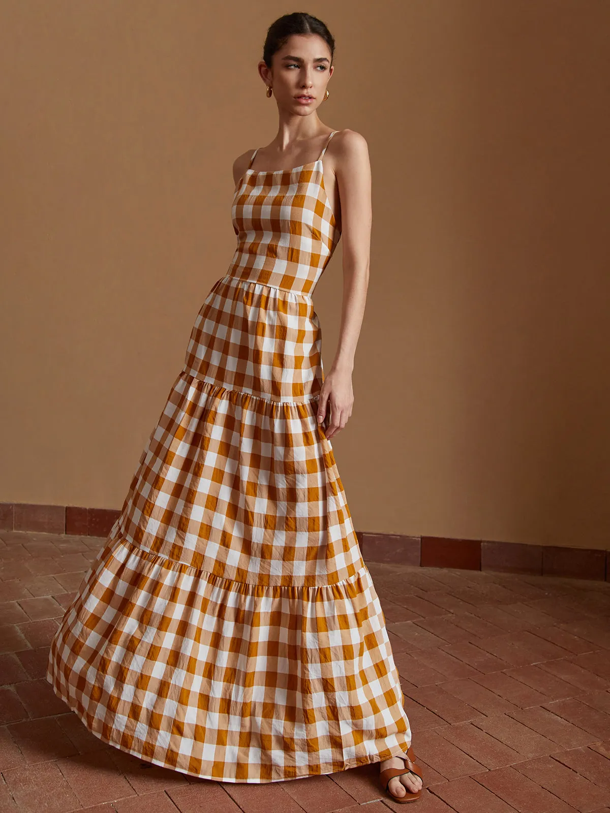 Plaid Crisscross Long Cami Dress sold by COMMENSE product image thumbnail 3