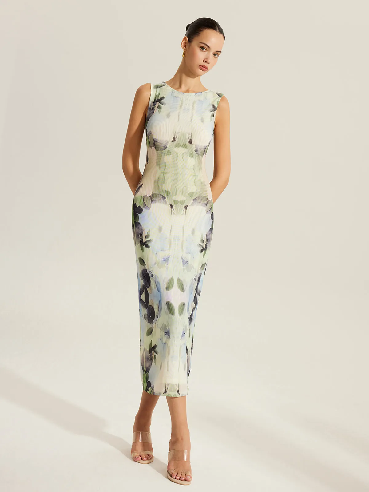 Floral Print Sleeveless Mesh Dress sold by COMMENSE product image thumbnail 3
