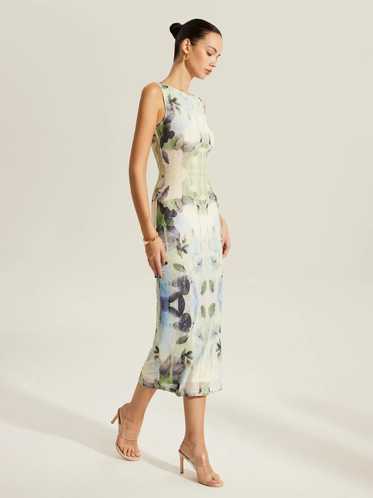 Floral Print Sleeveless Mesh Dress sold by COMMENSE product image thumbnail 4