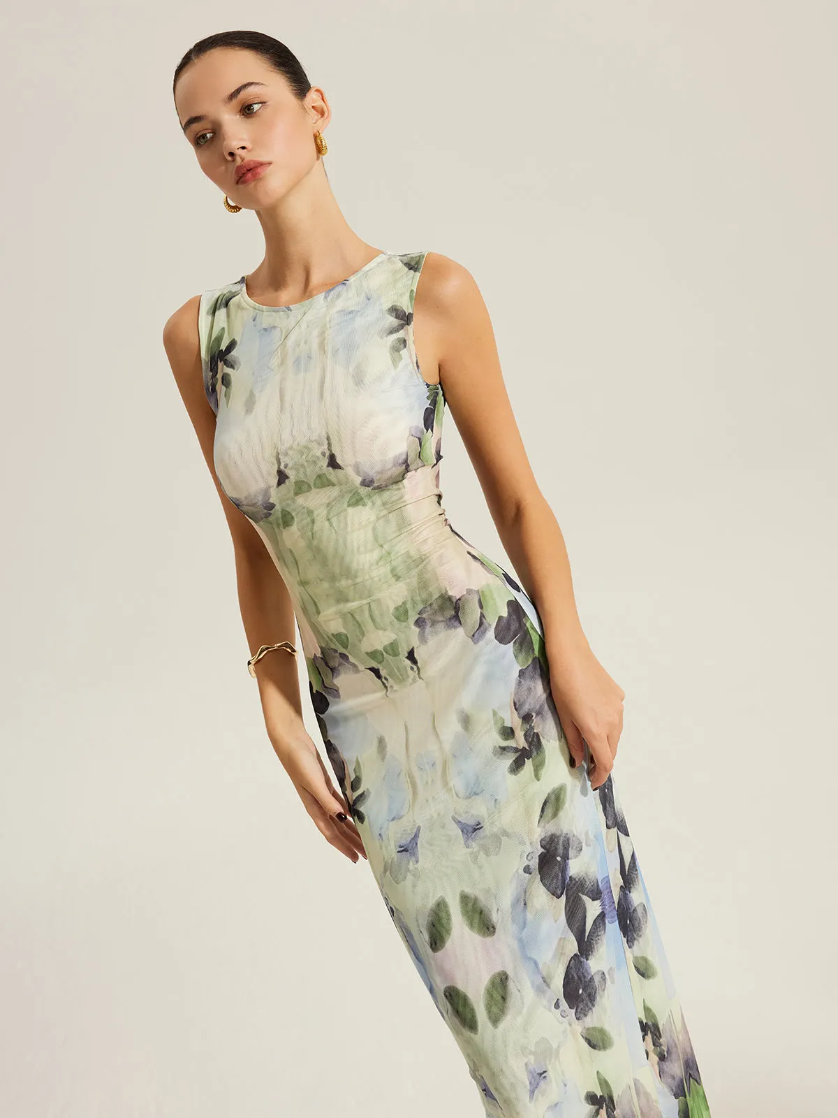 Floral Print Sleeveless Mesh Dress sold by COMMENSE product image thumbnail 5