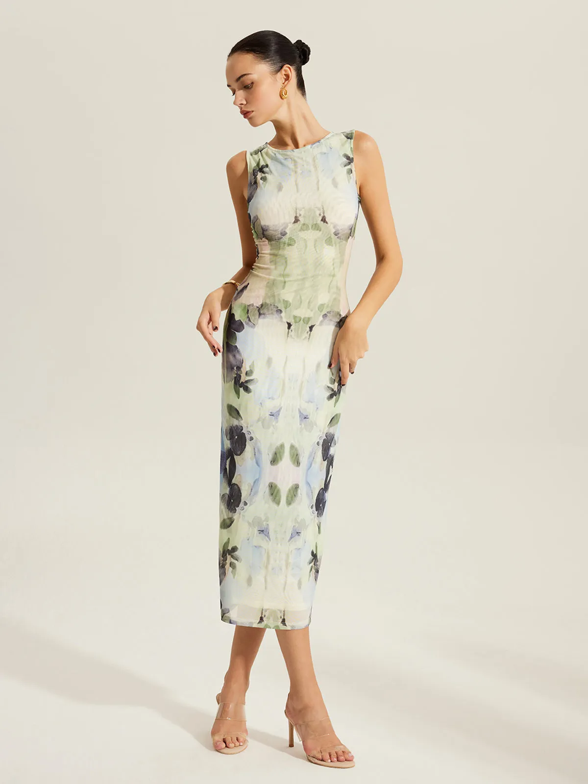 Floral Print Sleeveless Mesh Dress sold by COMMENSE