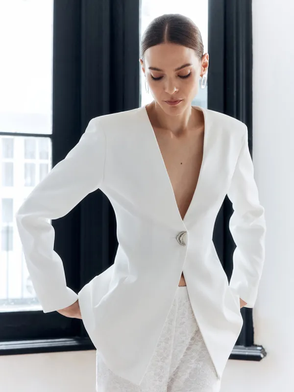 Solid Metal Button V-Neck Blazer sold by COMMENSE