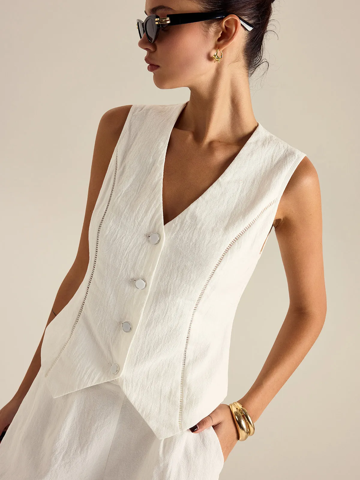 Cotton Button Detail Vest Top With Pockets Shorts Set sold by COMMENSE product image thumbnail 5