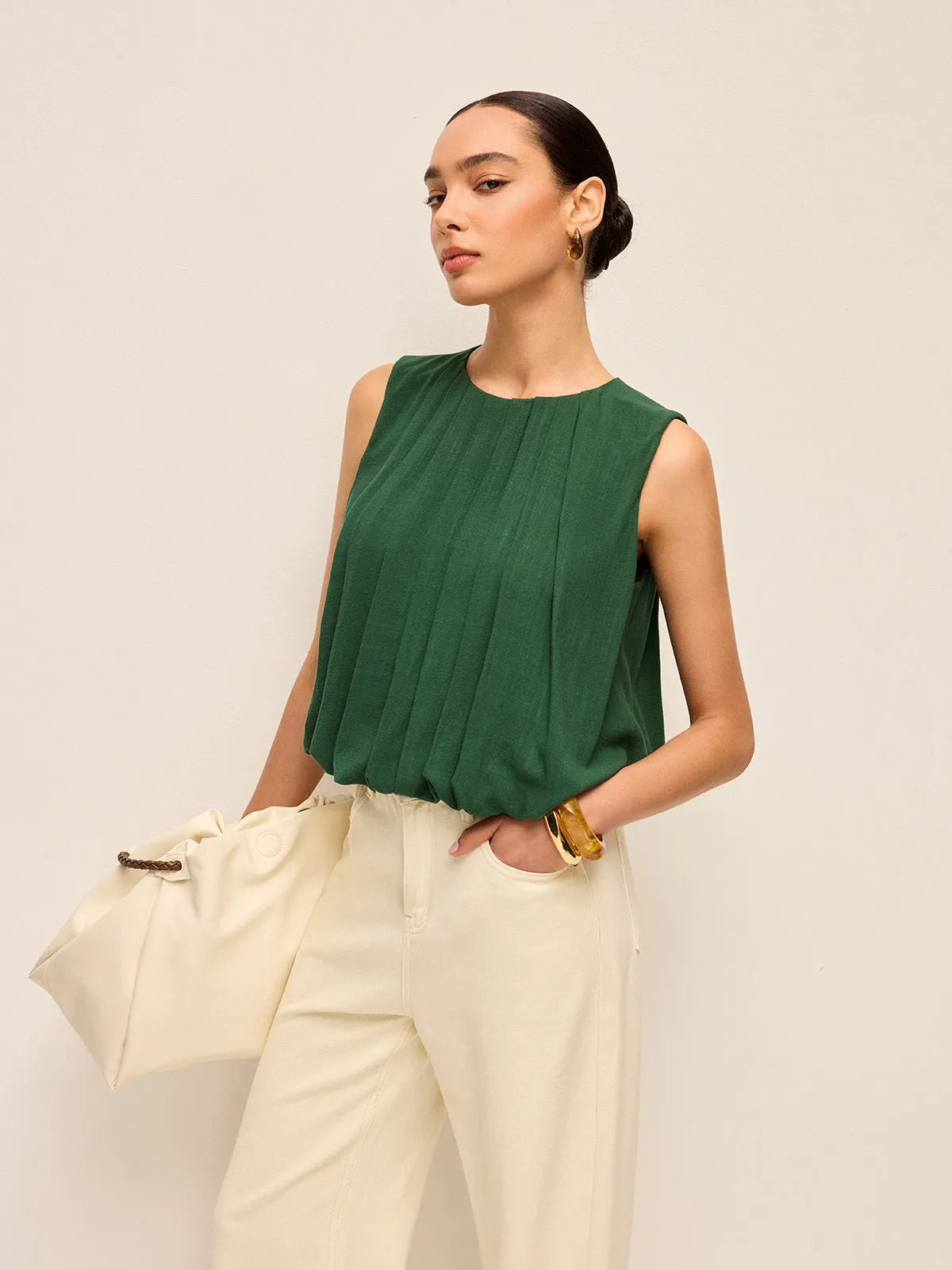 Pleated Cotton & Linen Sleeveless Top sold by COMMENSE
