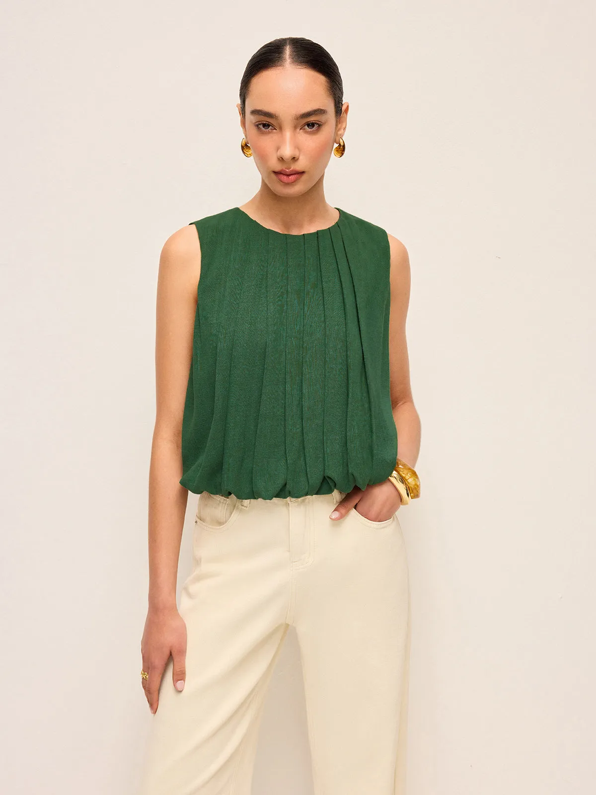 Pleated Cotton & Linen Sleeveless Top sold by COMMENSE product image thumbnail 4