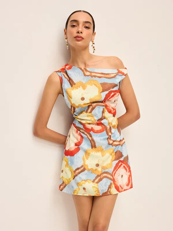 Asymmetric Neck Belted Print Dress sold by COMMENSE