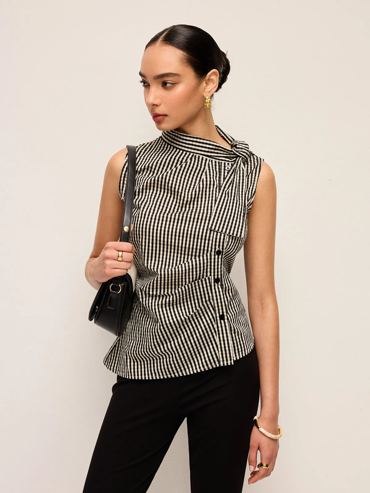 Asymmetric Neck Gingham Button Top sold by COMMENSE product image thumbnail 2