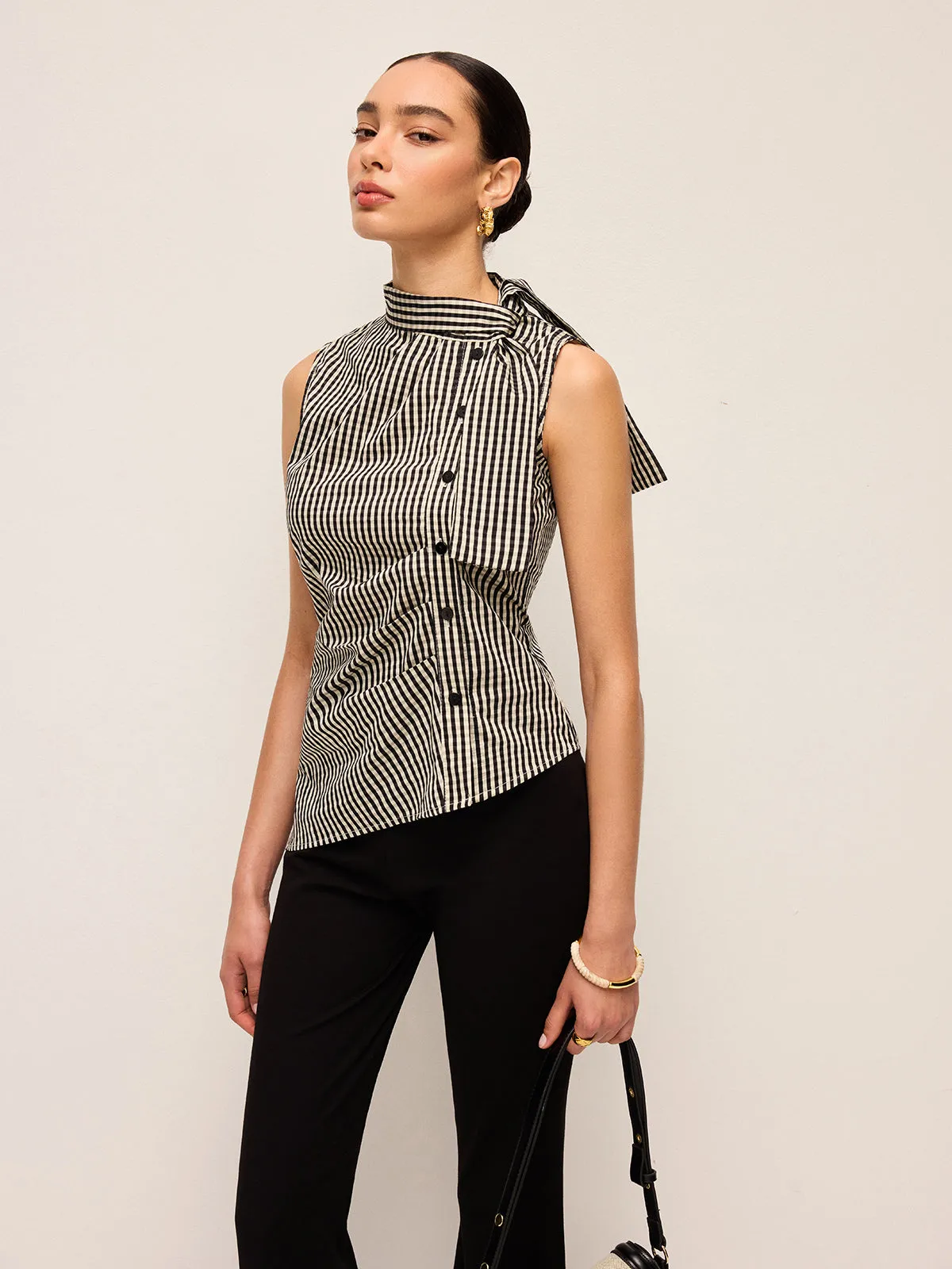 Asymmetric Neck Gingham Button Top sold by COMMENSE product image thumbnail 4