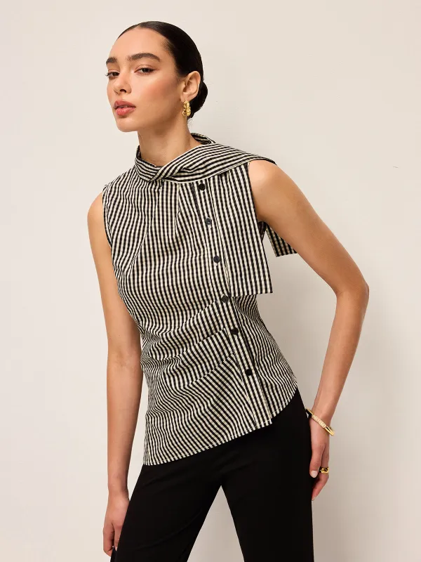 Asymmetric Neck Gingham Button Top sold by COMMENSE