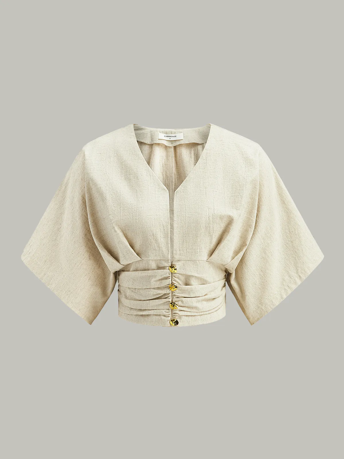 Cotton & Linen Kimono Sleeve Button Top sold by COMMENSE