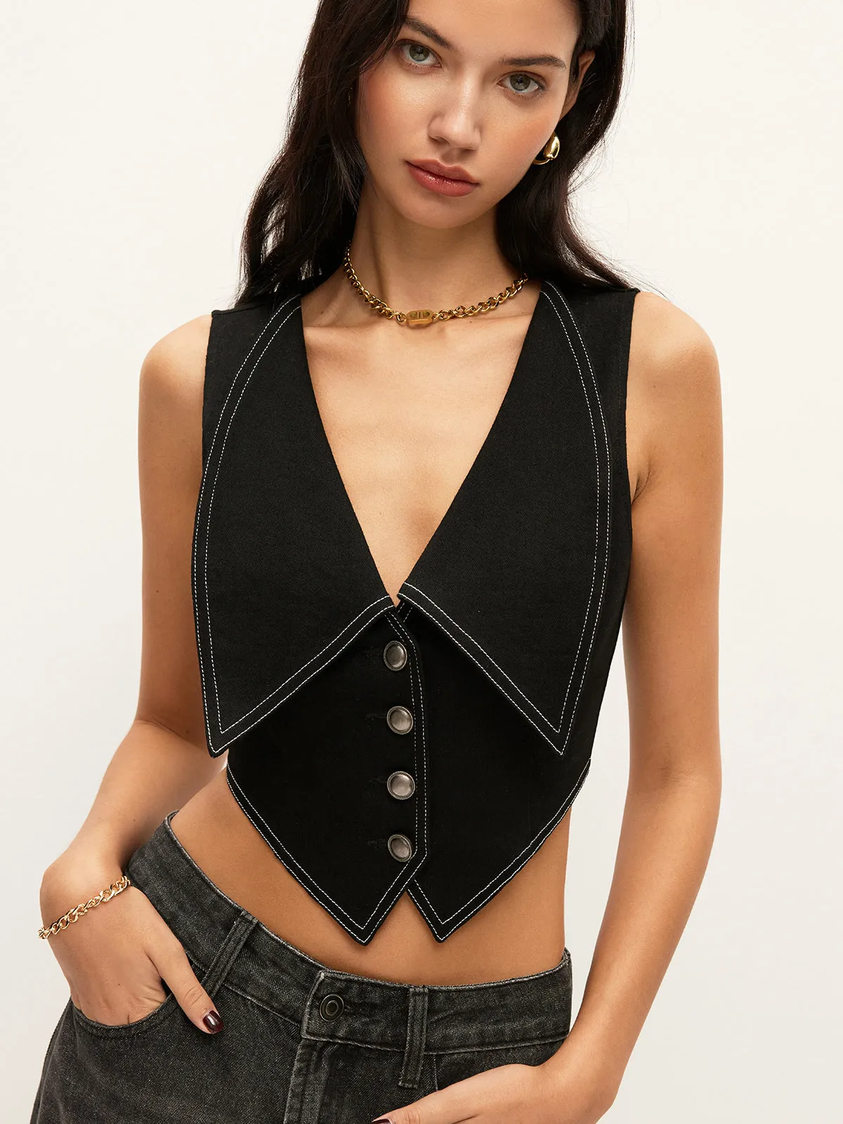 Collared Button-Down Denim Top sold by COMMENSE product image thumbnail 2
