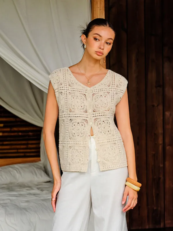 Cotton Crochet Knit Buttoned Top sold by COMMENSE