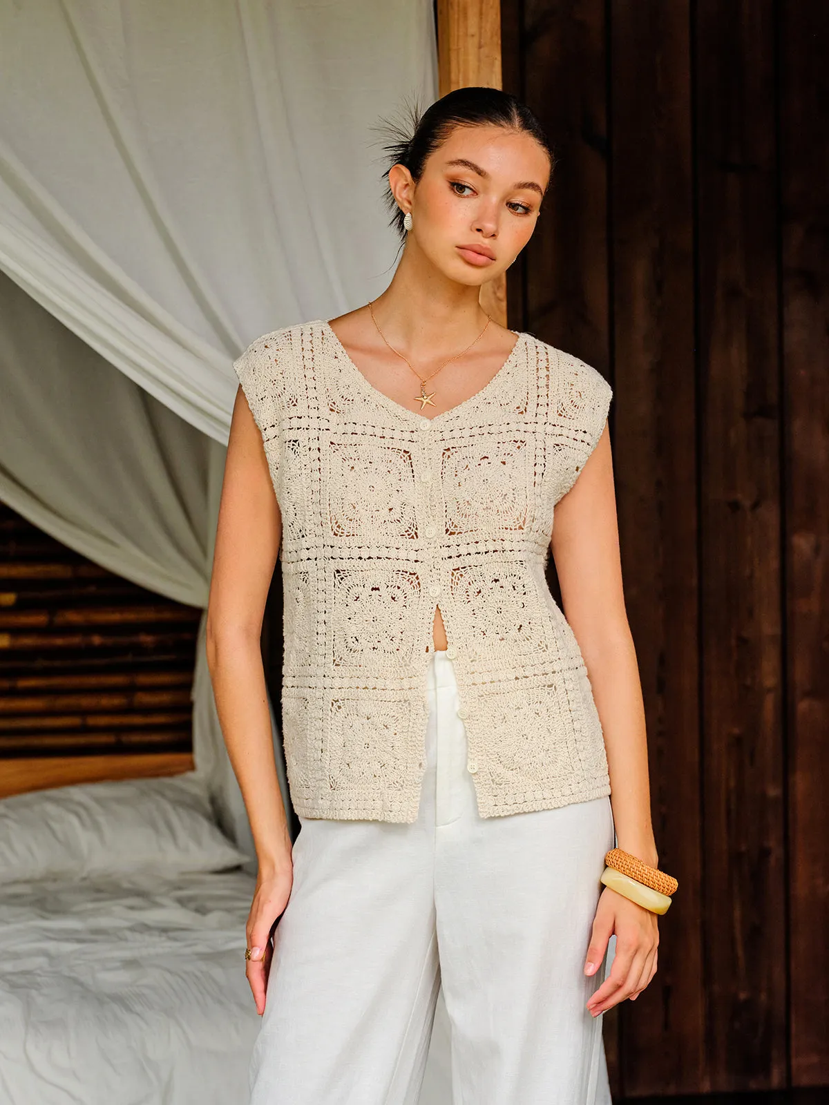 Cotton Crochet Knit Buttoned Top sold by COMMENSE