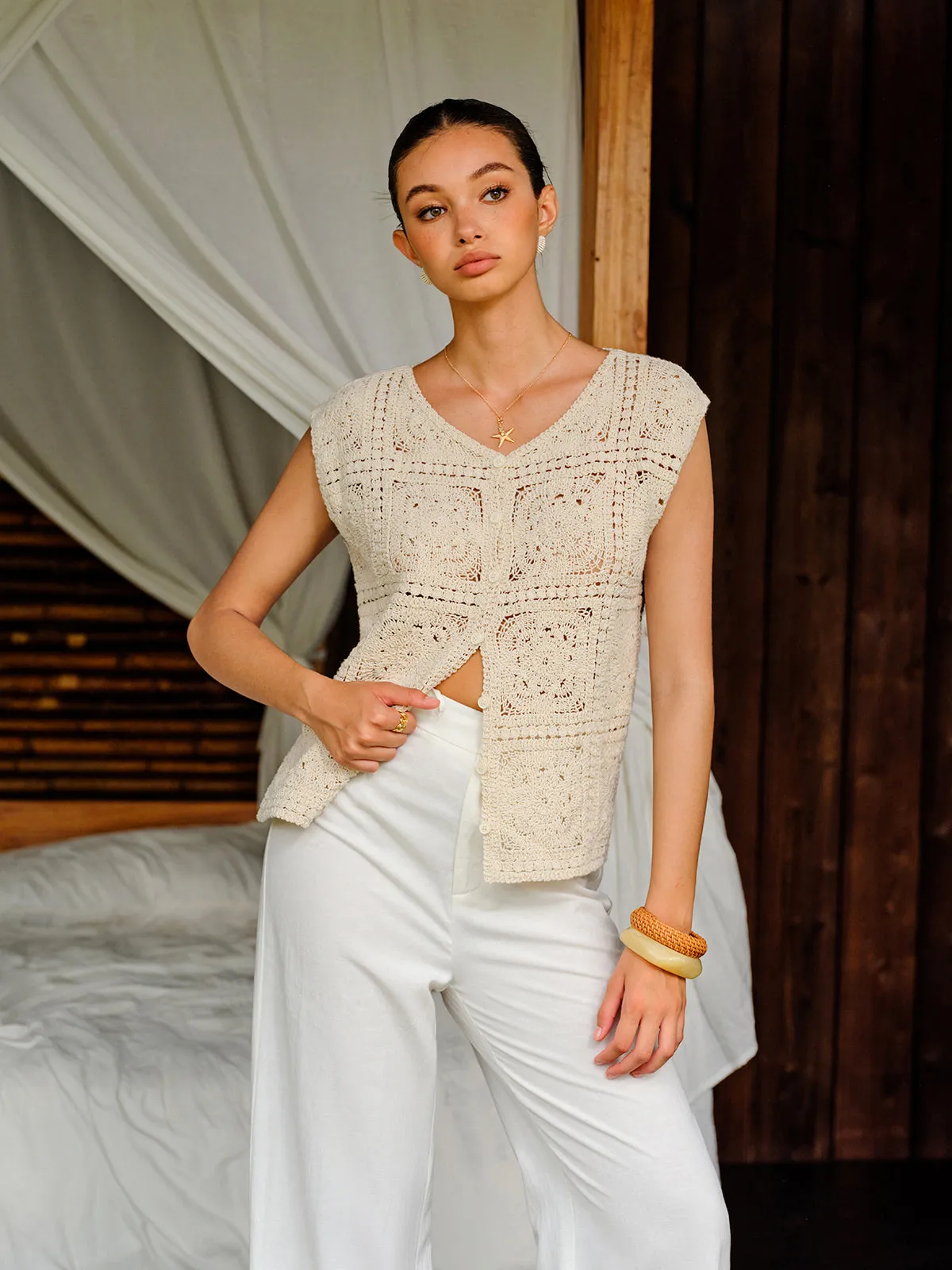 Cotton Crochet Knit Buttoned Top sold by COMMENSE product image thumbnail 3