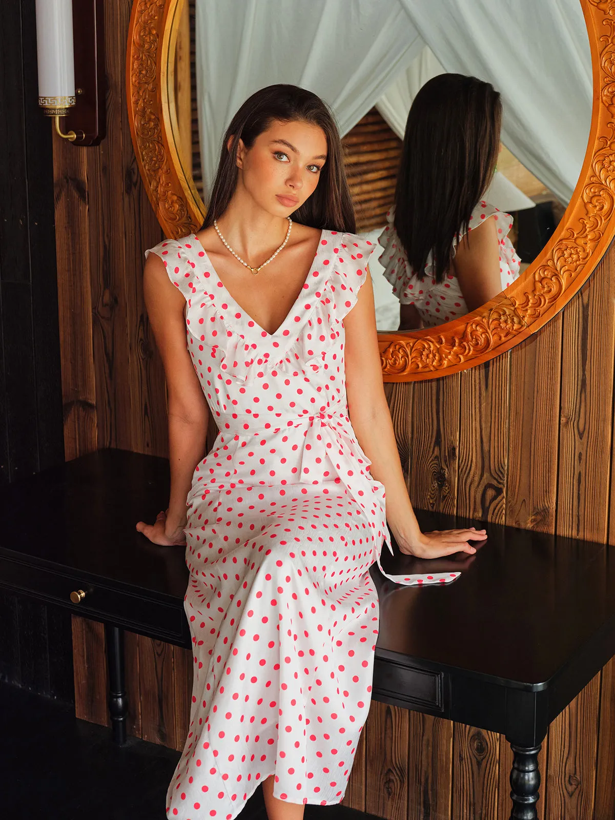 Polka Dot Ruffle Tie Waist Dress sold by COMMENSE