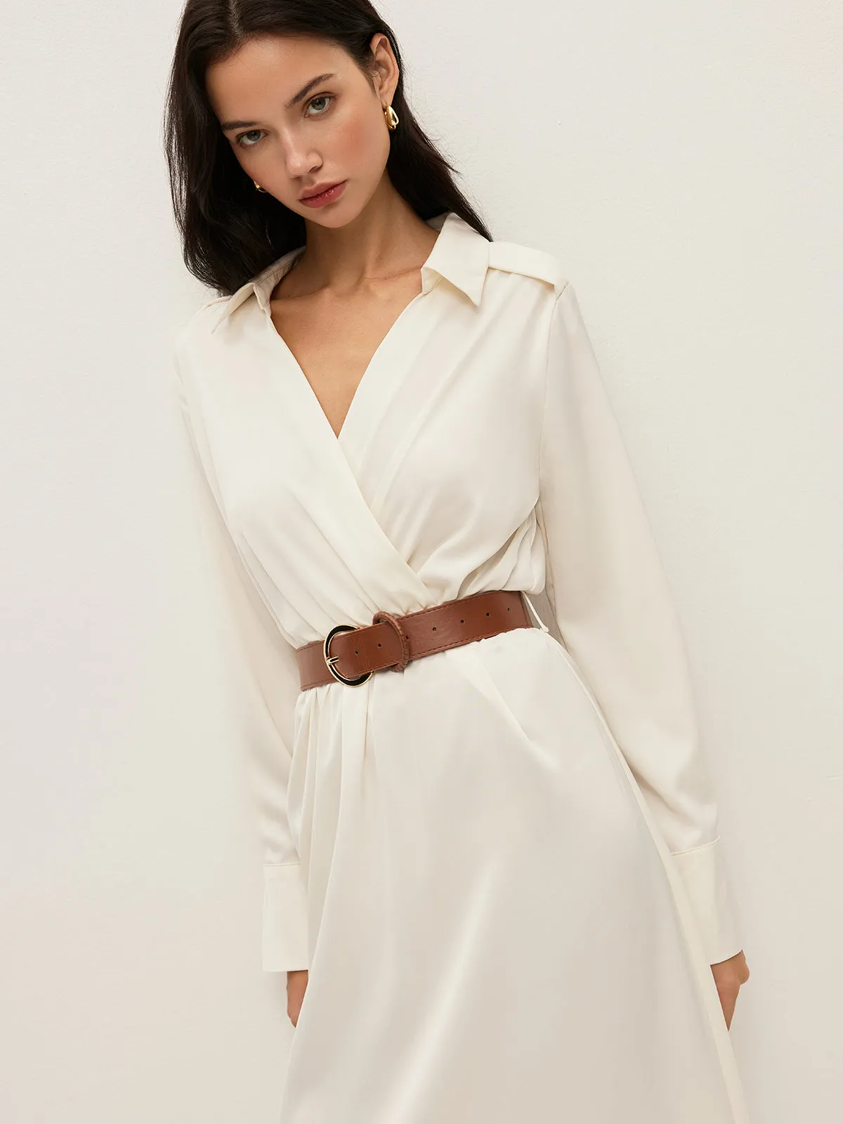 Belted Wrap-Style Shirt Dress sold by COMMENSE product image thumbnail 2