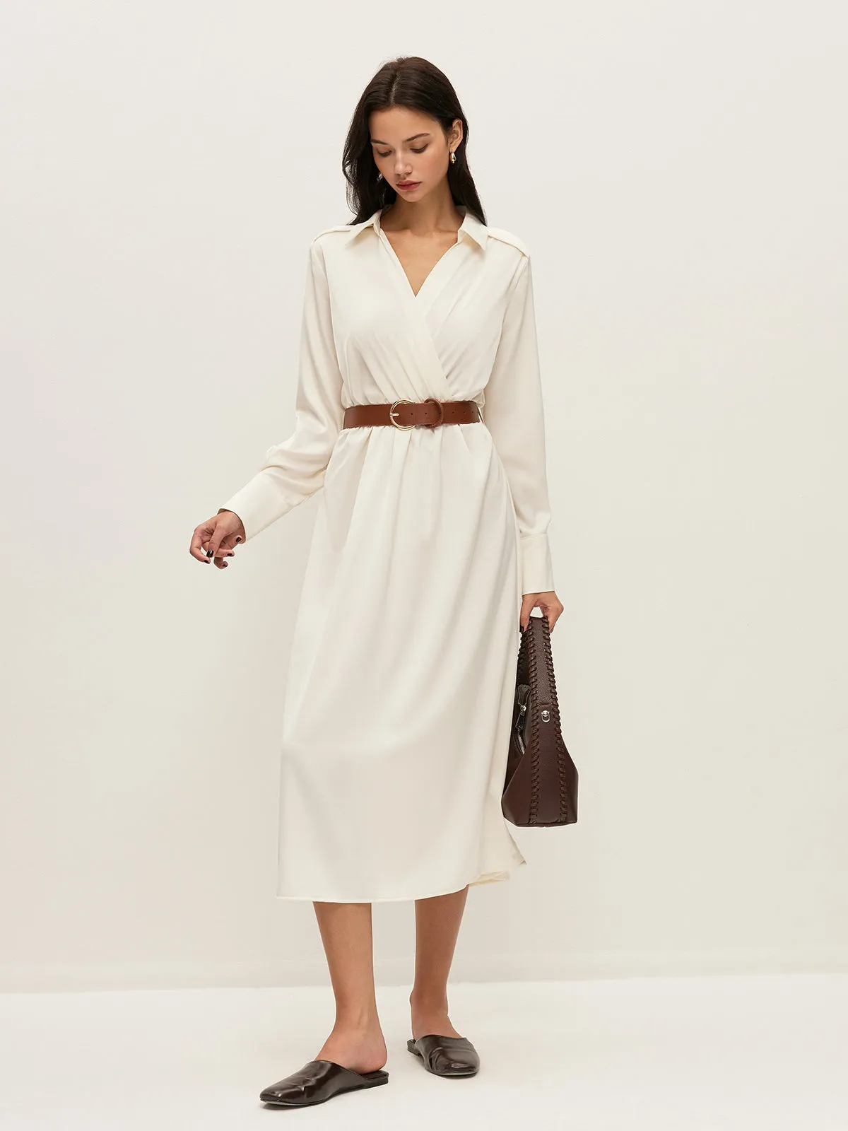 Belted Wrap-Style Shirt Dress sold by COMMENSE product image thumbnail 3