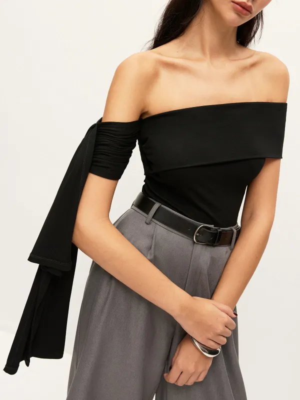 Asymmetrical Off-Shoulder Top With Side Tie sold by COMMENSE