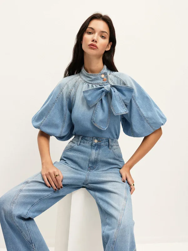 Denim Puff-Sleeve Top With Bow Detail sold by COMMENSE