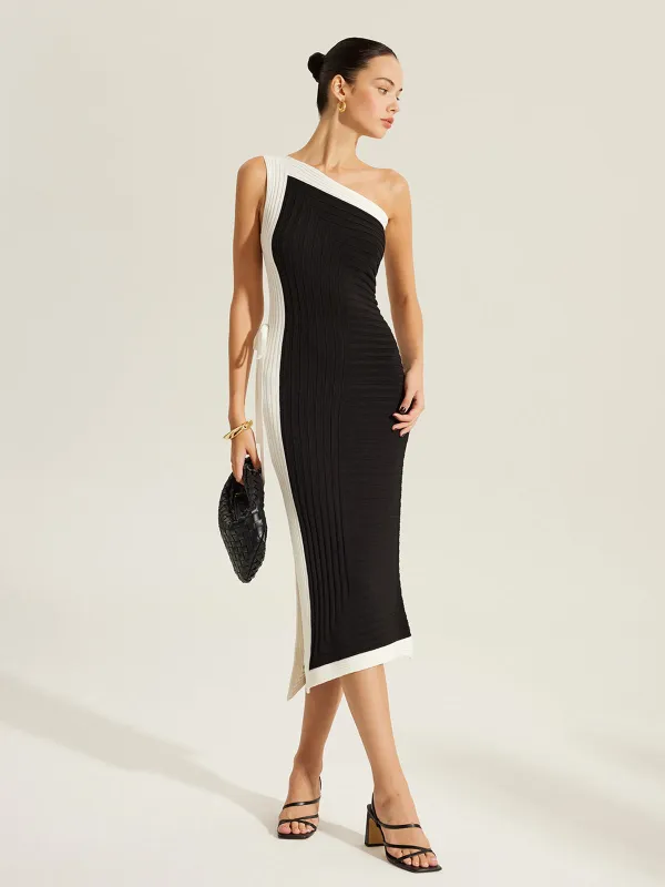 Side Tie Color-Block One-Shoulder Knit Dress sold by COMMENSE