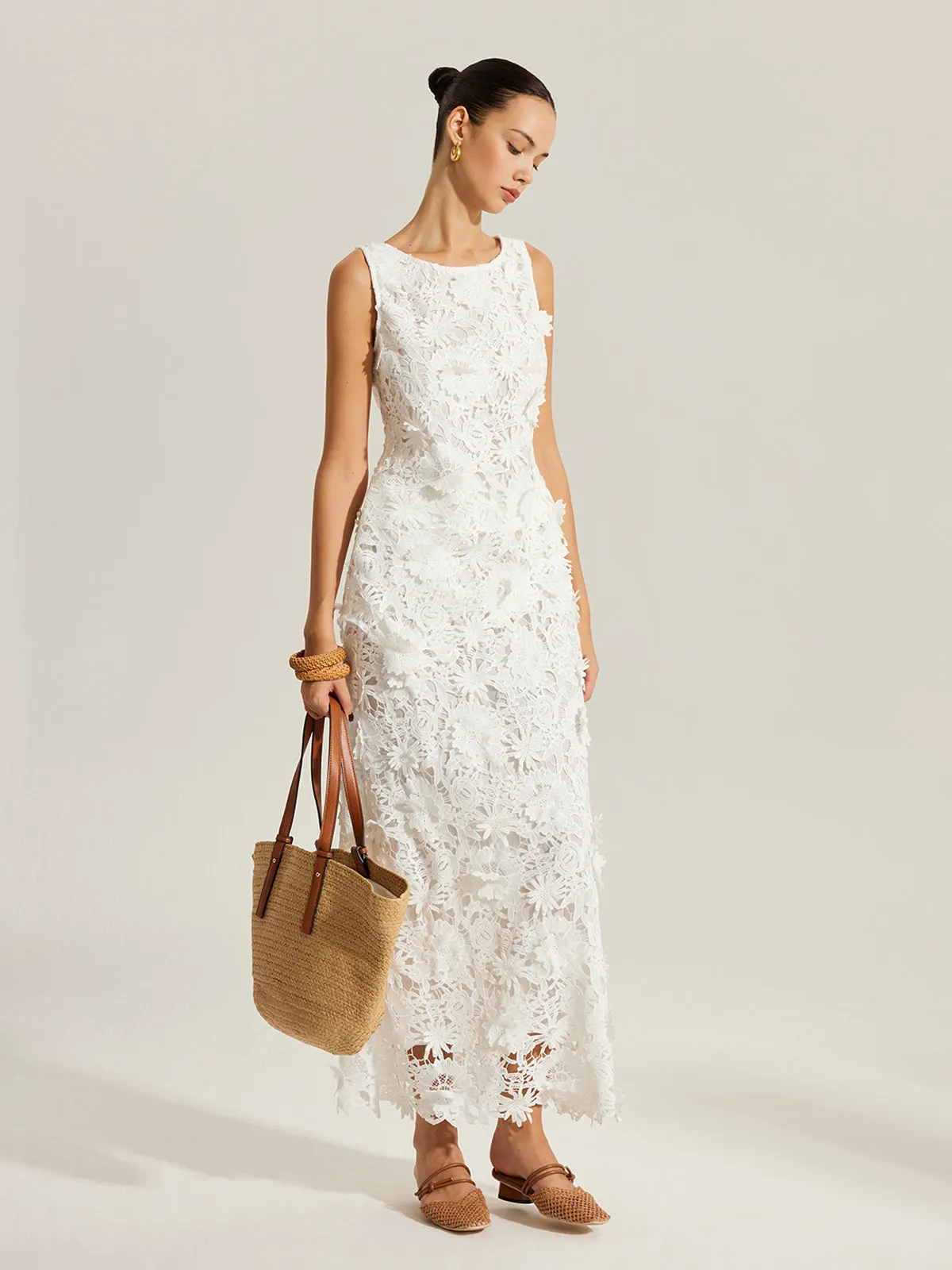 Floral Embroidered Sleeveless Lace Top sold by COMMENSE