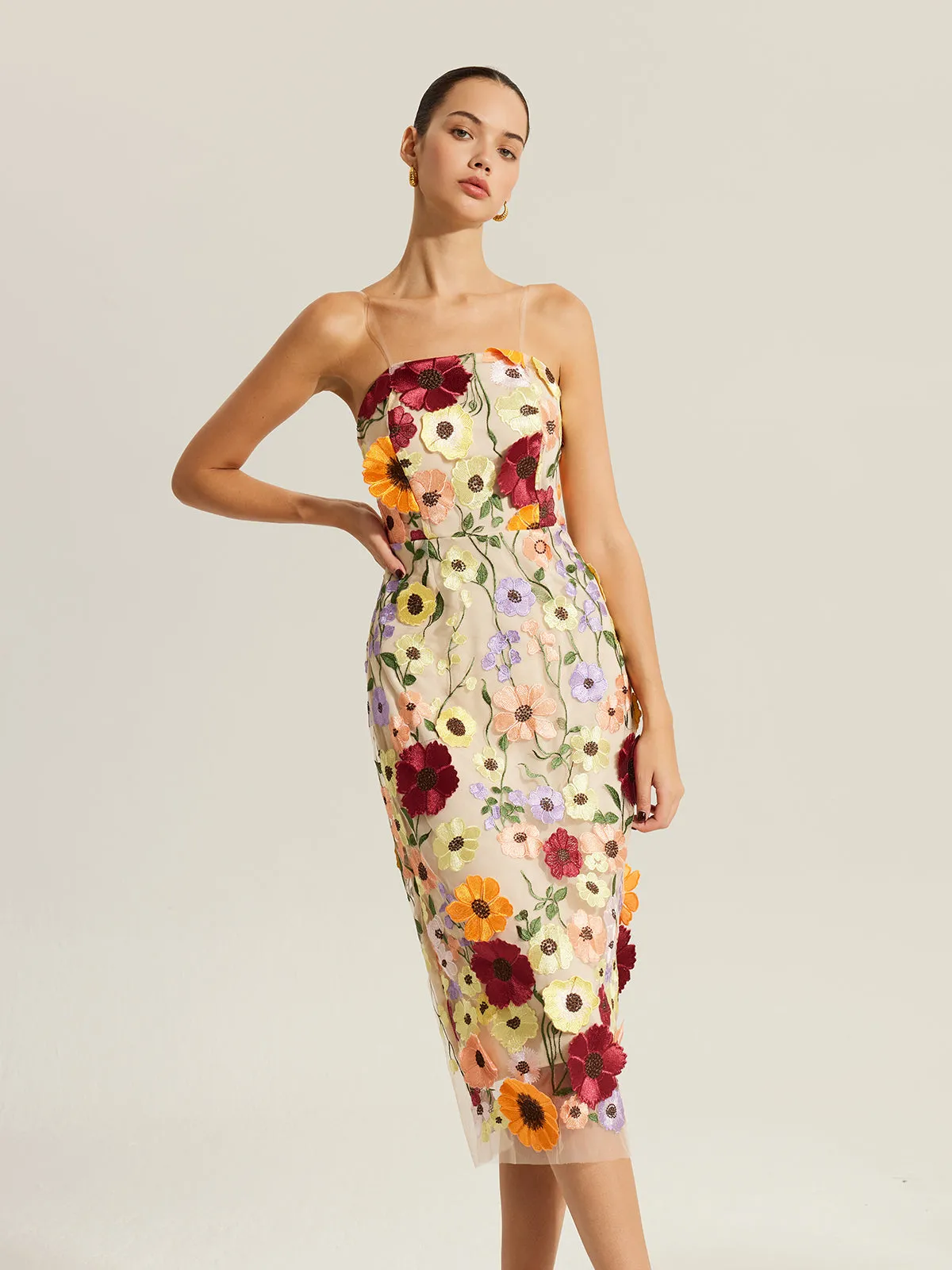Embroidered Floral Dress With Clear Straps sold by COMMENSE
