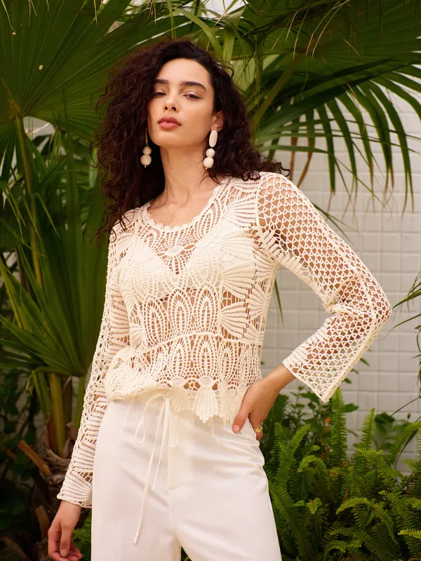 Sheer Cotton Crochet Knit Top sold by COMMENSE