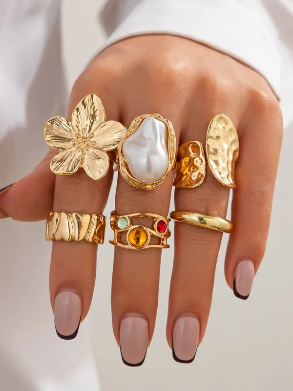 Six-Piece Statement Ring Set With Pearl & Floral Accents sold by COMMENSE