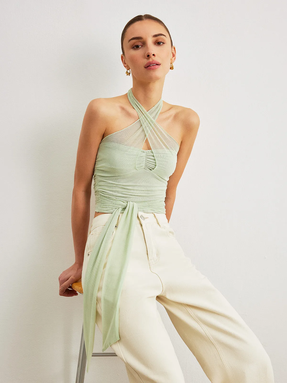 Criss-Cross Halter Linen Crop Top sold by COMMENSE product image thumbnail 5